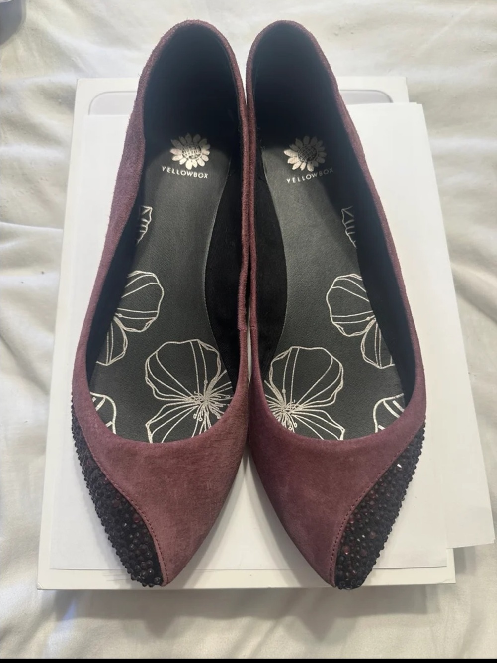 Yellow Box Burgundy Suede Pointed Toe Flats Rhinestone Embellished Women’s Shoes